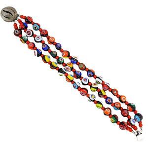 Vintage Venetian Millefiori Glass Bead Bracelet Triple Strand W White Heart Reds